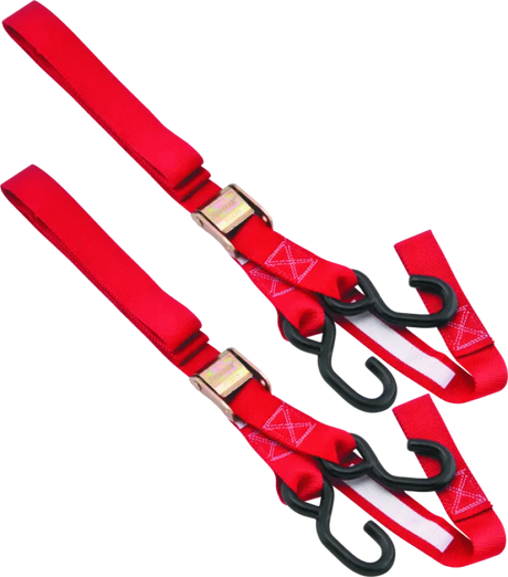 Two red BikeMaster Tiedown straps with integrated softhook for secure hauling