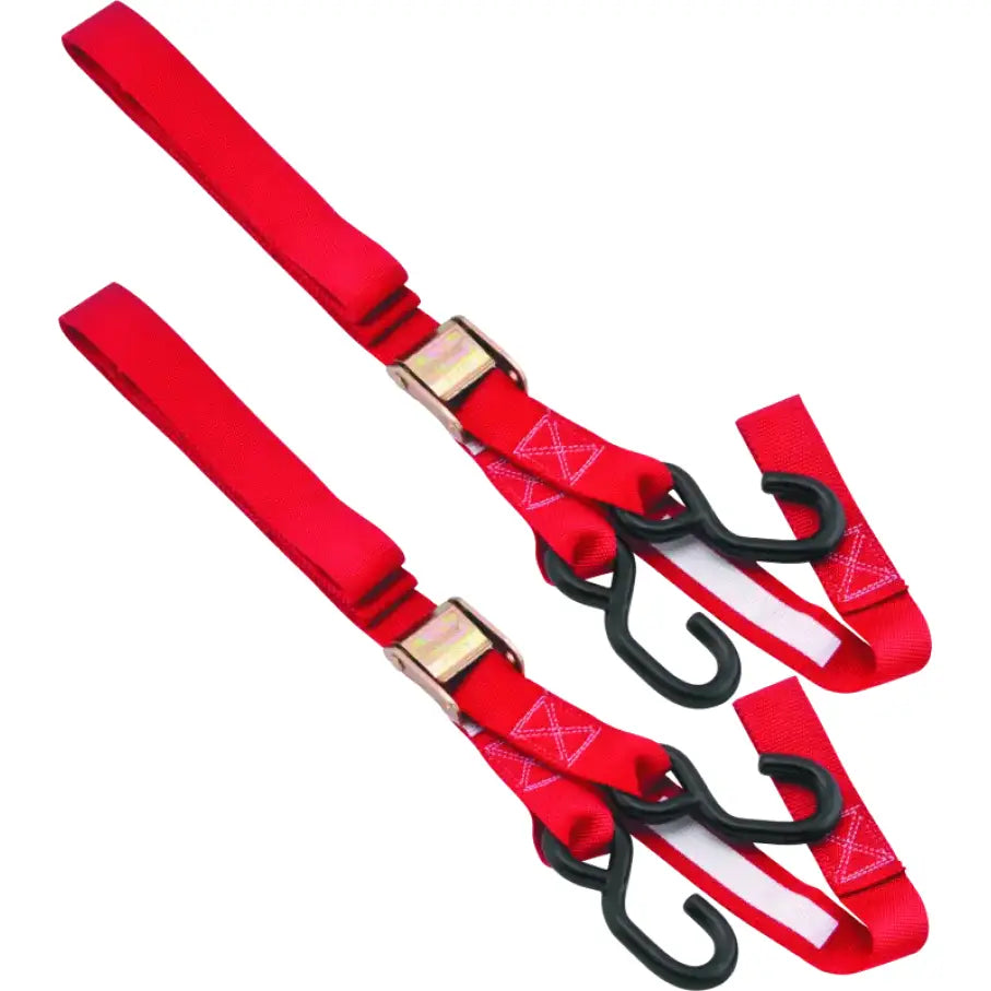 Two red BikeMaster Tiedown straps with integrated softhook for secure hauling