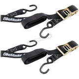 Two durable black bikemaster tiedown straps with ratchet for secure bike hauling