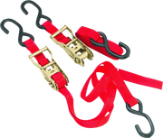 Red Bikemaster Tiedown 1in Rachet with hooks for securing bikes safely