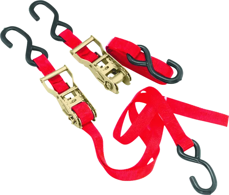 Red Bikemaster Tiedown 1in Rachet with hooks for securing bikes safely