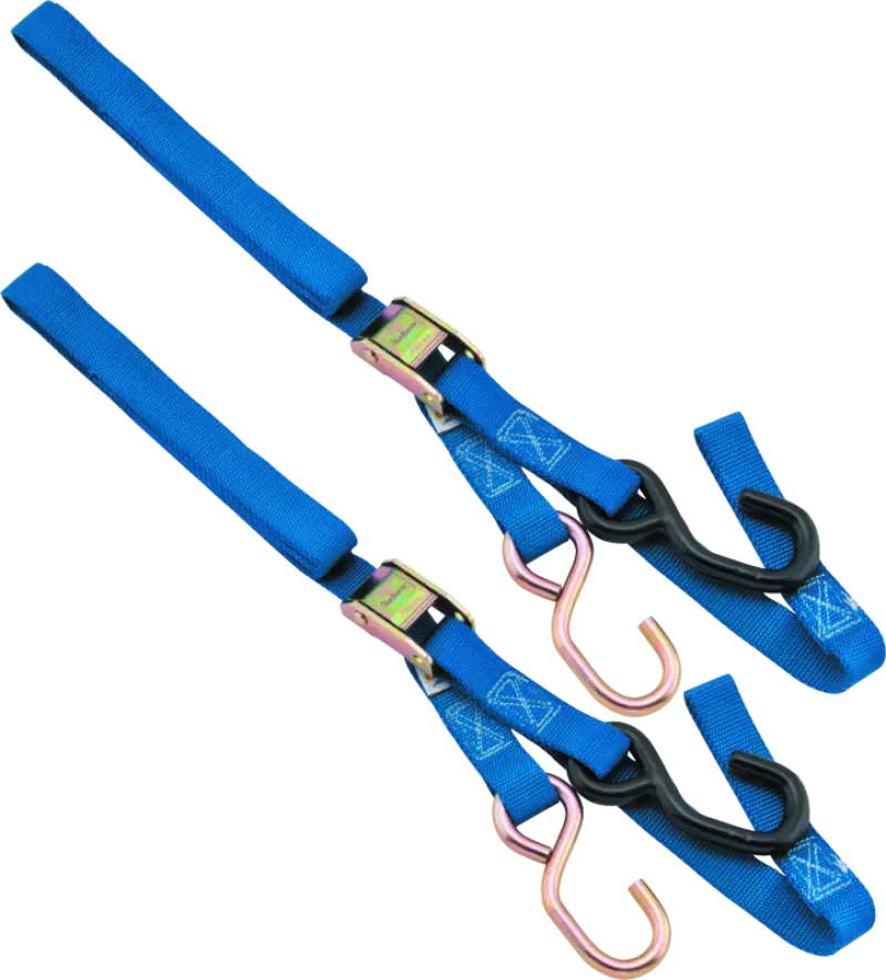 Blue Ratchet Tie-Down Straps with BikeMaster Tiedown Integrated Softhook for secure hauling