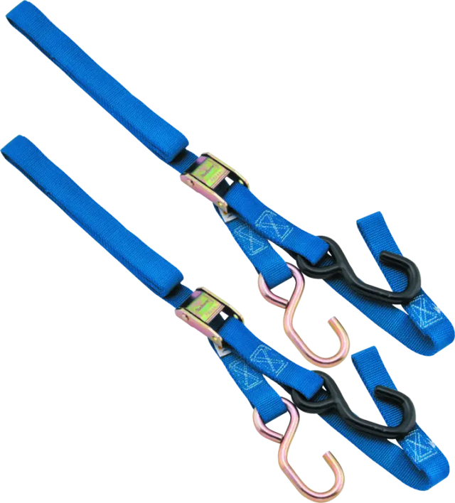 Blue Ratchet Tie-Down Straps with BikeMaster Tiedown Integrated Softhook for secure hauling