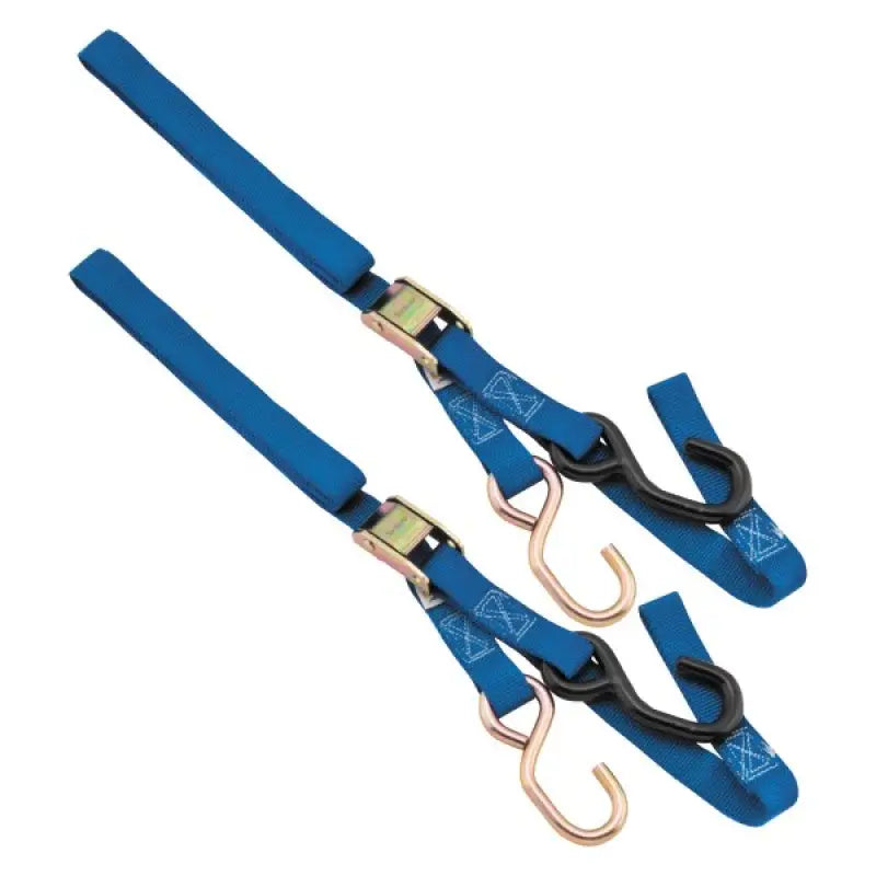 Two blue bikemaster tiedown integrated softhook straps for secure bike hauling