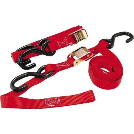 Red ratchet straps with black hooks featuring integrated Softhook for BikeMaster Tiedown Integrated