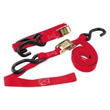 Red ratchet straps with black hooks on BikeMaster Tiedown Integrated Softhook for easy securing