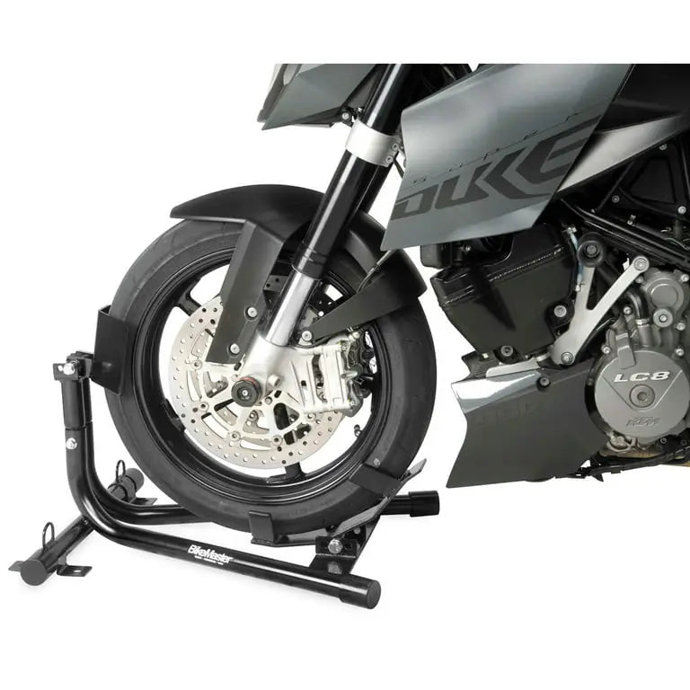 BikeMaster Universal Steel Roll-On Stand supporting a motorcycle front wheel for maintenance and storage.