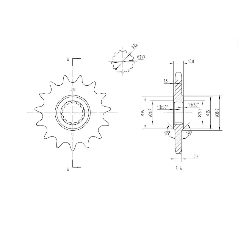 Technical drawing of a BikeMaster Yamaha front sprocket designed specifically for Yamaha motorcycle