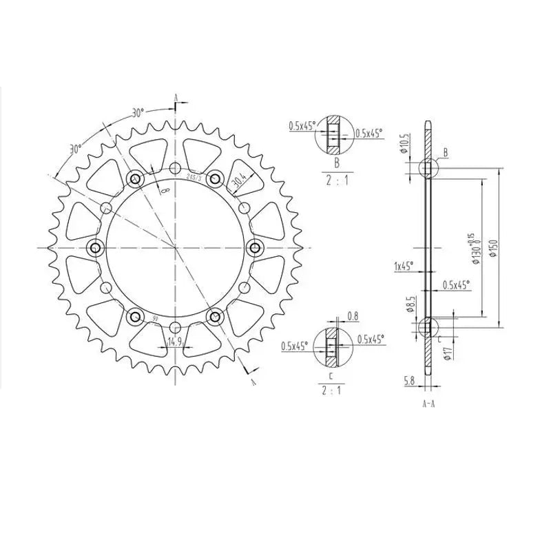 Technical drawing of BikeMaster Yamaha rear steel sprocket 520 46T black rear steel sprocket