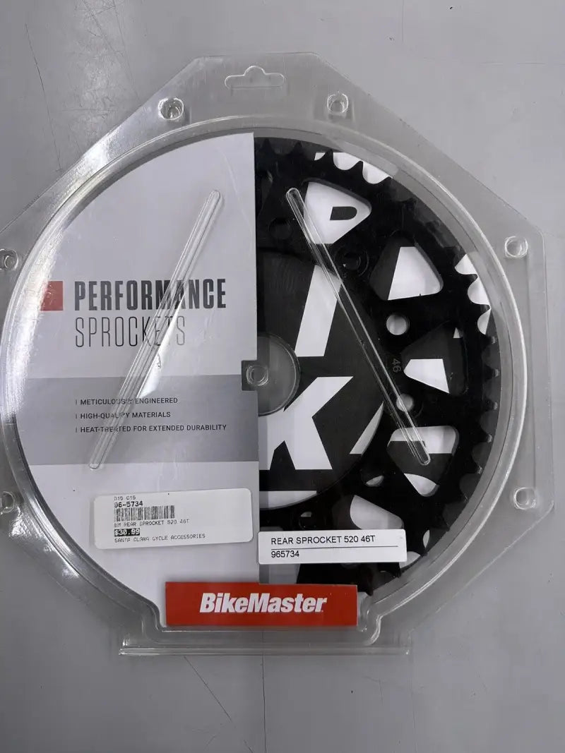 BikeMaster rear steel sprocket in packaging for Yamaha 520 46T black steel sprocket
