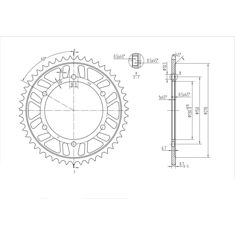 Technical drawing of a rear steel sprocket for BikeMaster Yamaha 530 47T Black