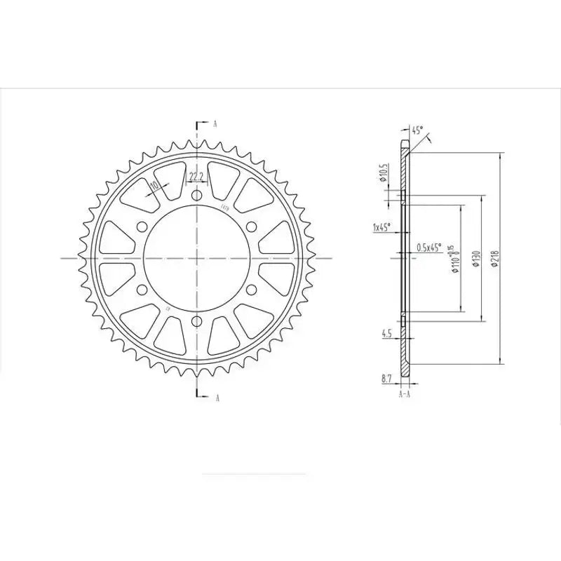 Technical drawing of BikeMaster Yamaha rear steel sprocket 530 47T black steel sprocket