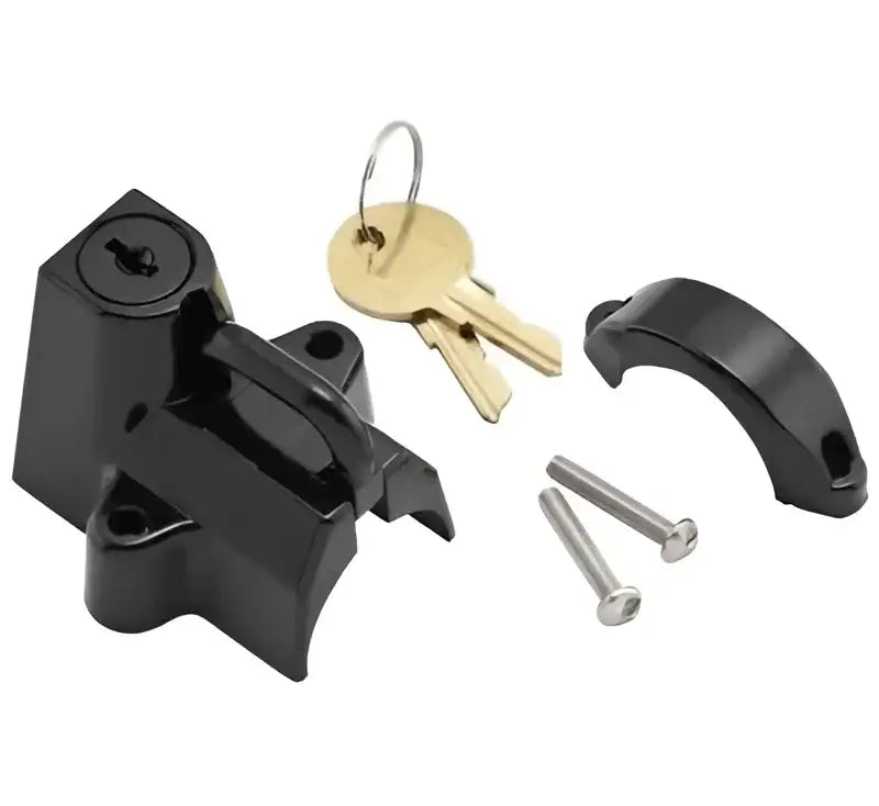Bikers Choice Motorcycle Helmet Lock-Black - 492979 with keys and mounting hardware on white background.