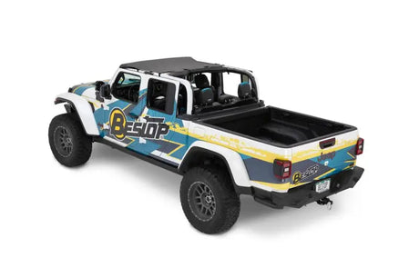 Customized Jeep Gladiator with Bikini Top Header Targa Style, see-through mesh, black diamond