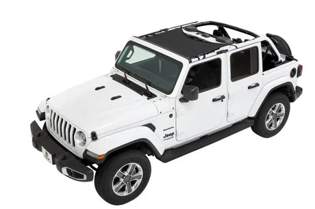 White Jeep Wrangler with see through mesh bikini top on roll bar windshield mount