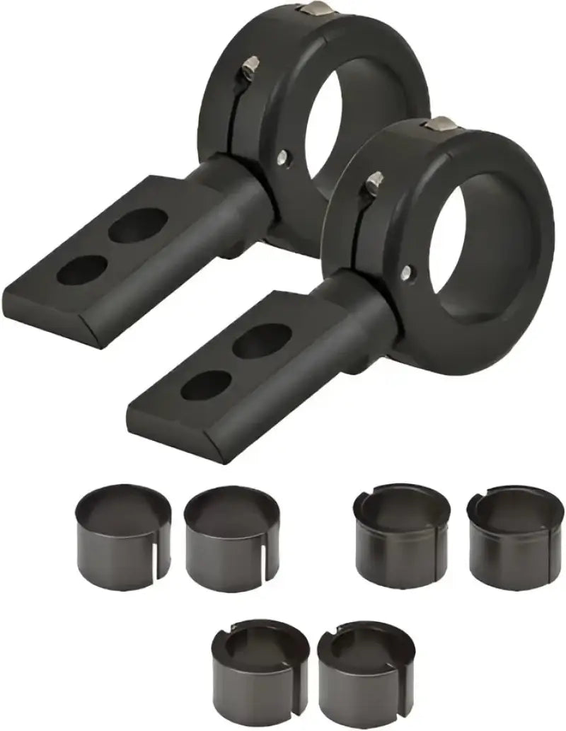 Black adjustable billet mounting brackets with various sizing inserts for versatile mounting