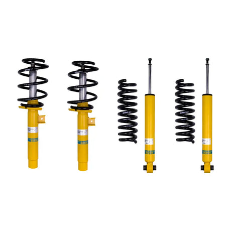 Yellow car suspension components from Bilstein B12 suspension kit for BMW 328i