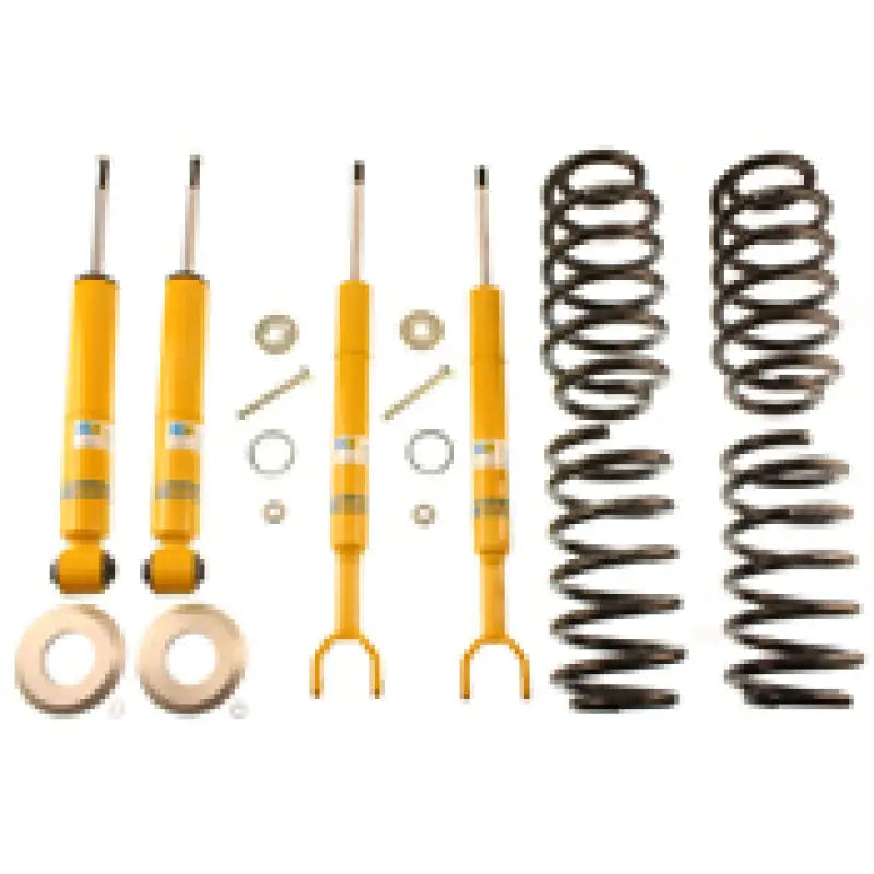 Yellow suspension components and black coil springs in Bilstein B12 suspension kit for Audi A6 Quattro