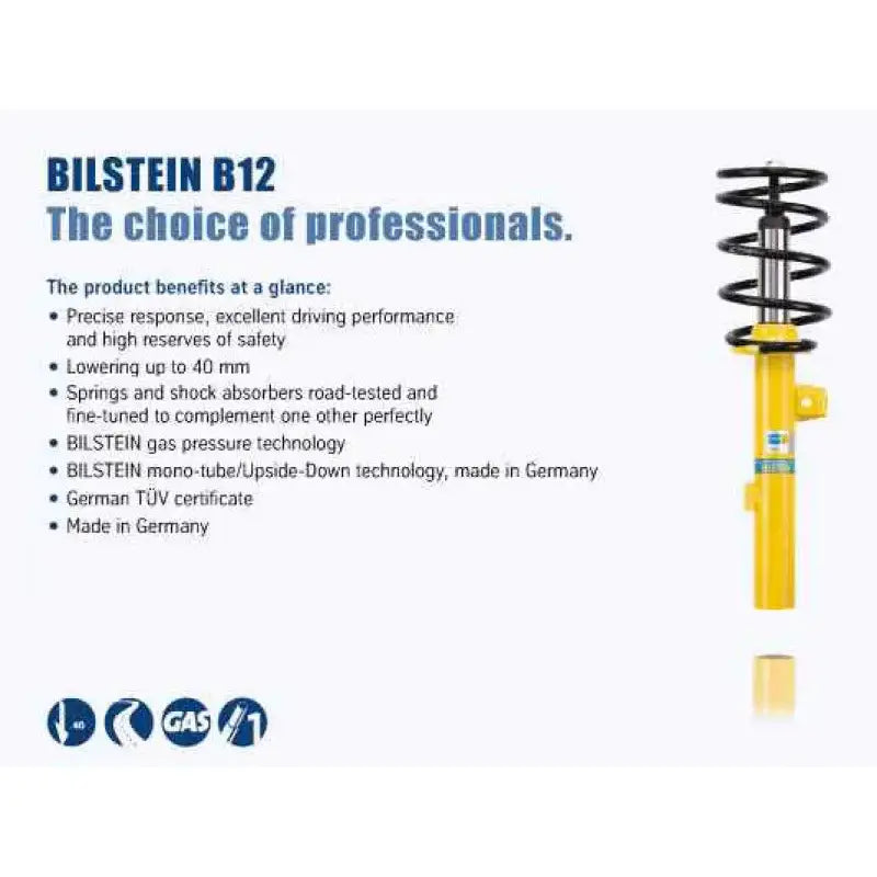 Yellow and black car suspension strut for Bilstein B12 suspension kit on Mercedes E350