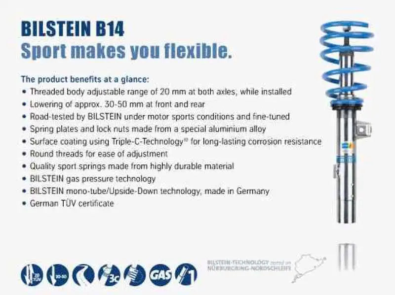 Blue and silver adjustable coilover suspension kit for Audi A4 Avant by Bilstein B14