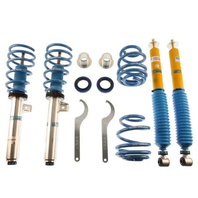 Bilstein B16 2001 BMW M3 Base Front and Rear Performance Suspension System with adjustable damping mono-tube gas shock absorbers and blue springs.