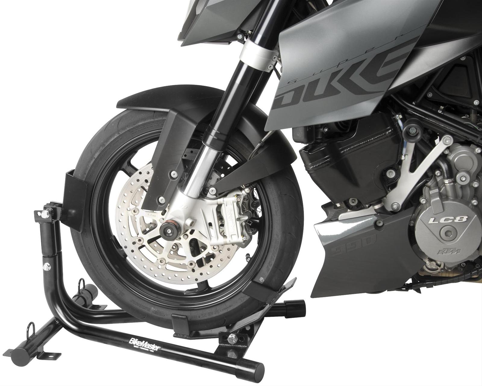 BikeMaster Universal Steel Roll-On Stand - 151573 holding a motorcycle securely by its front wheel.