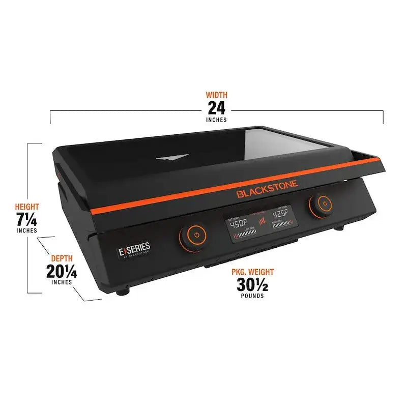 8001 Blackstone E-Series 22' Electric Tabletop Griddle features a large LCD display and a ceramic titanium-coated surface.