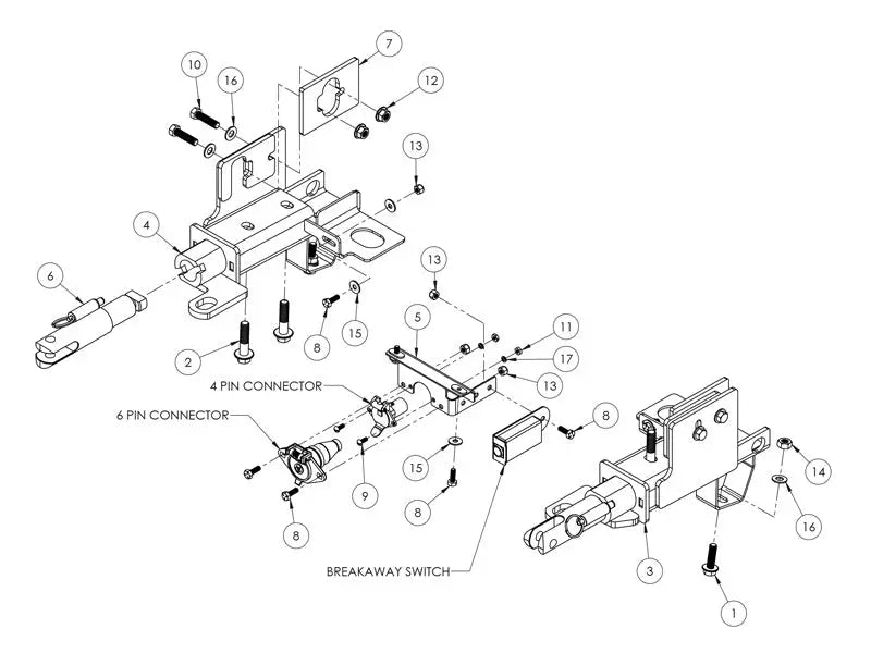 Exploded trailer hitch assembly showing the Blue Ox BX2915 Base Plate for easy towing