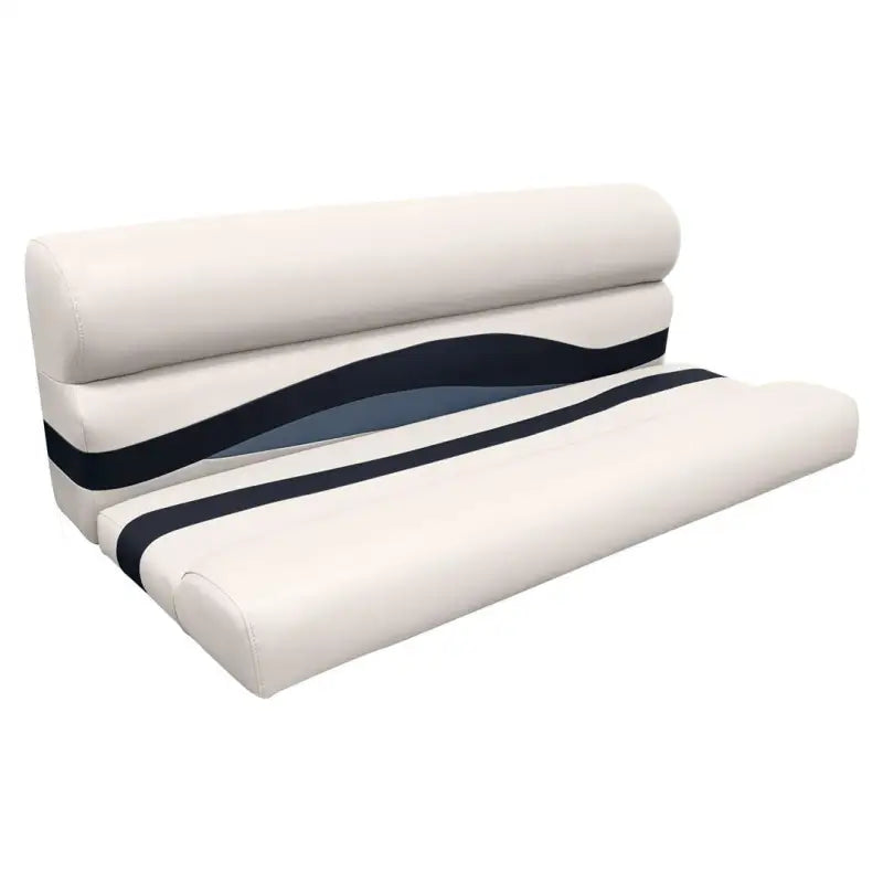 White bench cushion with dark blue stripes and curved accent from Wise Seating Premier Series