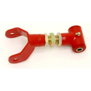 Red adjustable upper control arm with gold nuts for S197 Mustang on-car control arm upgrade