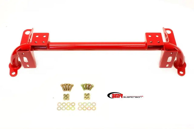 Red tubular chassis brace with hardware for S197 Mustang radiator support and sway bar mount
