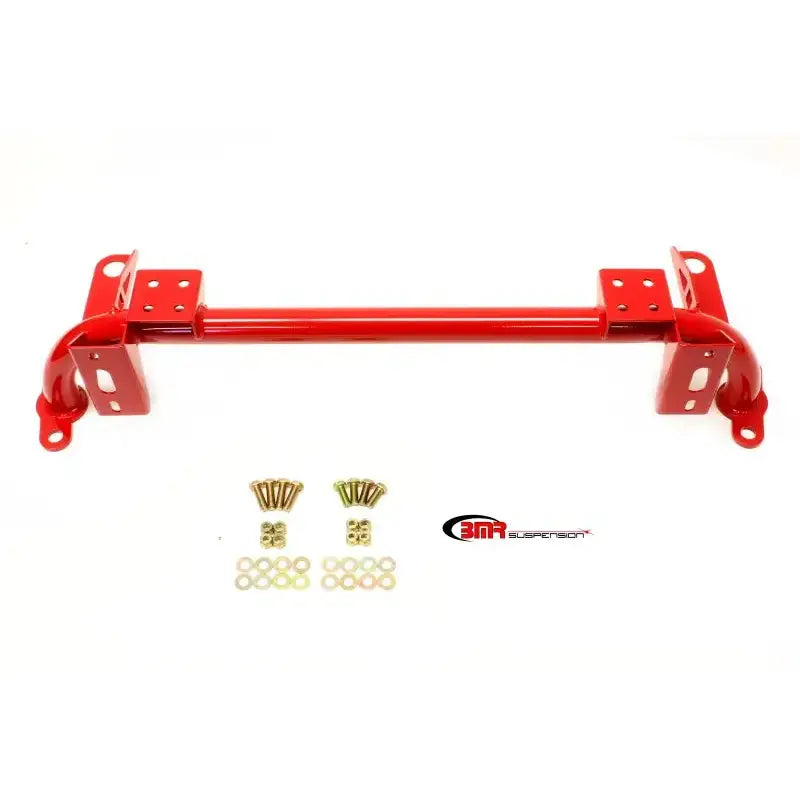Red tubular chassis brace with hardware for S197 Mustang radiator support and sway bar mount