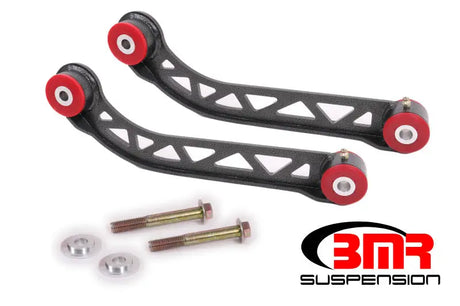 Black suspension control arms with red bushings for upgraded upper control arms on Challenger