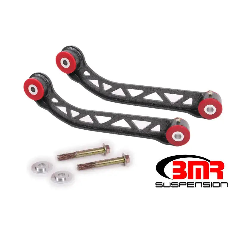 Black suspension control arms with red bushings for upgraded upper control arms on Challenger