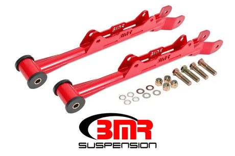 Red suspension control arms with hardware for BMR 10-15 5th Gen Camaro rear lower control arms