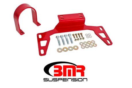 Red suspension support hardware for BMR 11-14 S197 Mustang driveshaft safety loop