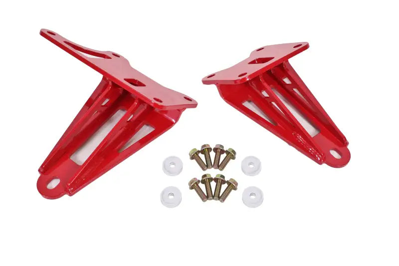 BMR 11-17 S197 Mustang Motor Mount Brackets - Red with Grade 8 hardware and aluminum spacers for reducing engine deflection
