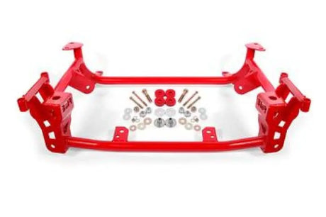 Red tubular chassis support with mounting hardware for Ford Mustang street version in black hammertone