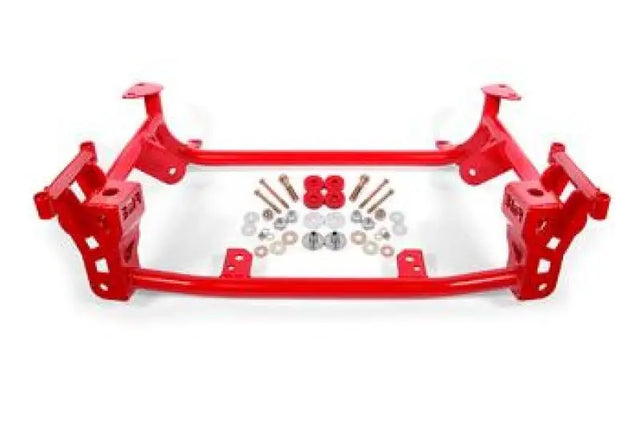 Red tubular chassis support with mounting hardware for Ford Mustang street version in black hammertone