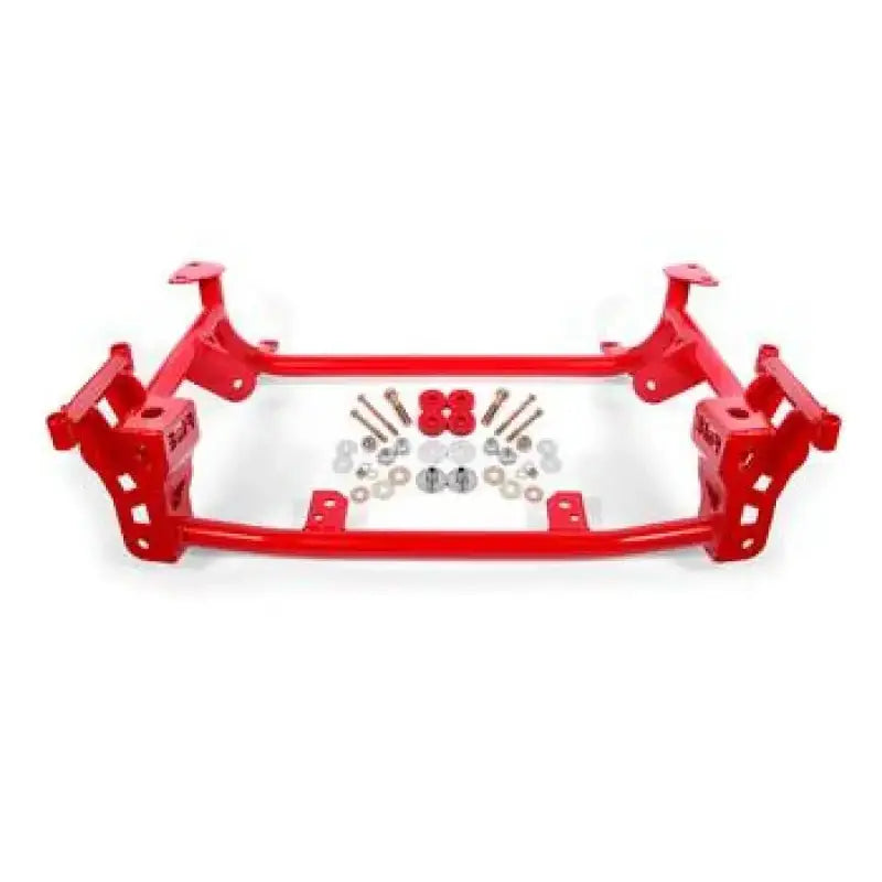 Red tubular chassis support with mounting hardware for Ford Mustang street version in black hammertone