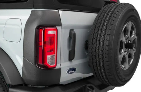 Ford Bronco’s rear spare tire with matte finish body corner guard set attached