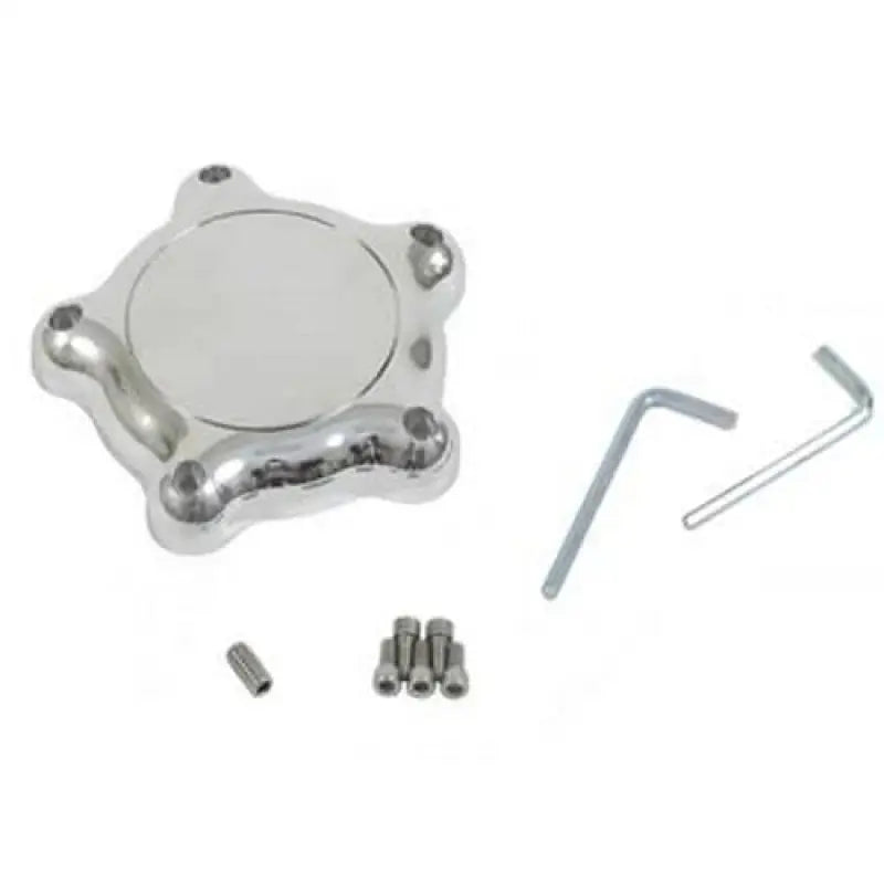 Chrome five-spoke hub cap from Bonneville Flat Cap Pair with hardware and wrenches