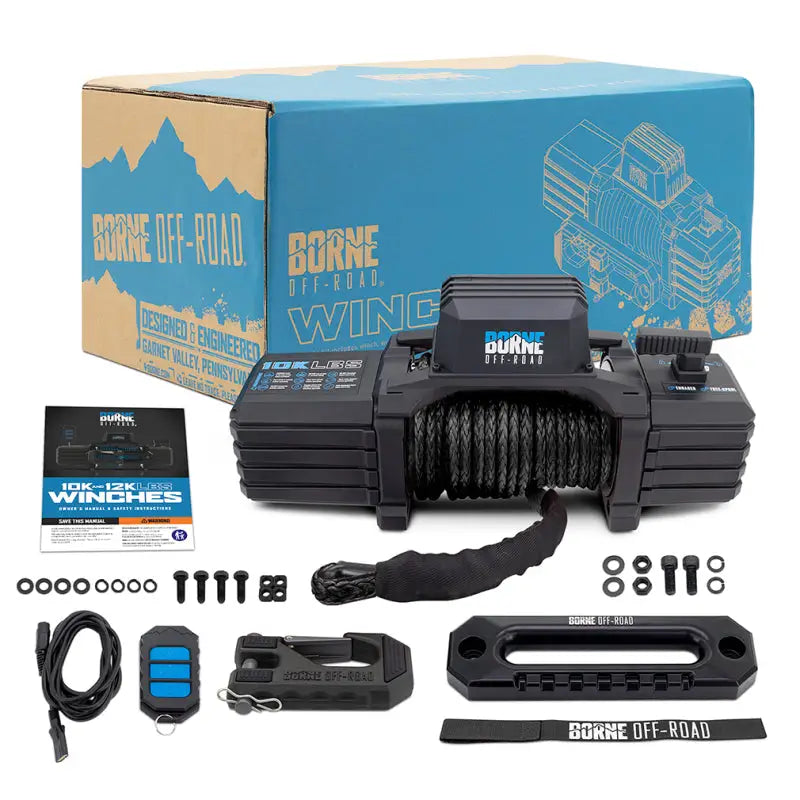 Black off-road winch with accessories and packaging featuring black synthetic rope and 10k winch