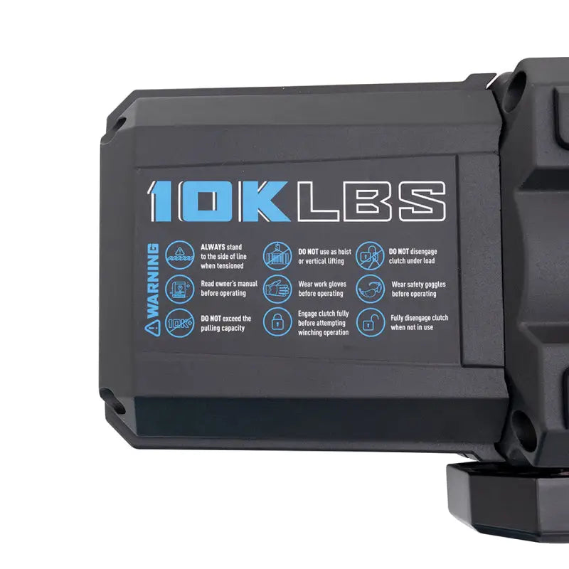 Black winch with warning label featuring durable black synthetic rope for 10k winch use