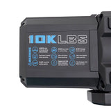 Black winch with warning label featuring durable black synthetic rope for 10k winch use