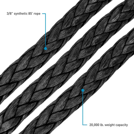 Braided black synthetic rope for Borne Off-Road 10K Winch with durable black synthetic cord