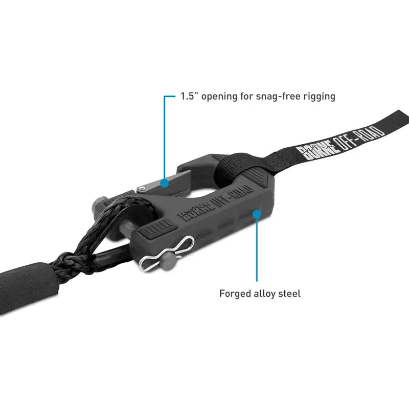 Black forged alloy steel winch shackle on Borne Off-Road 12K Winch with black synthetic rope