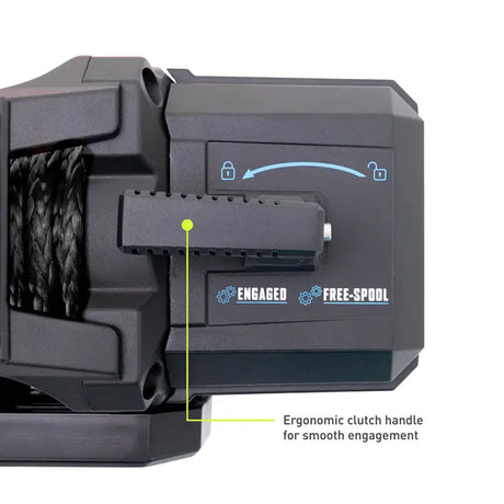 Black winch with clutch handle and black synthetic rope on Borne Off-Road 12K Winch