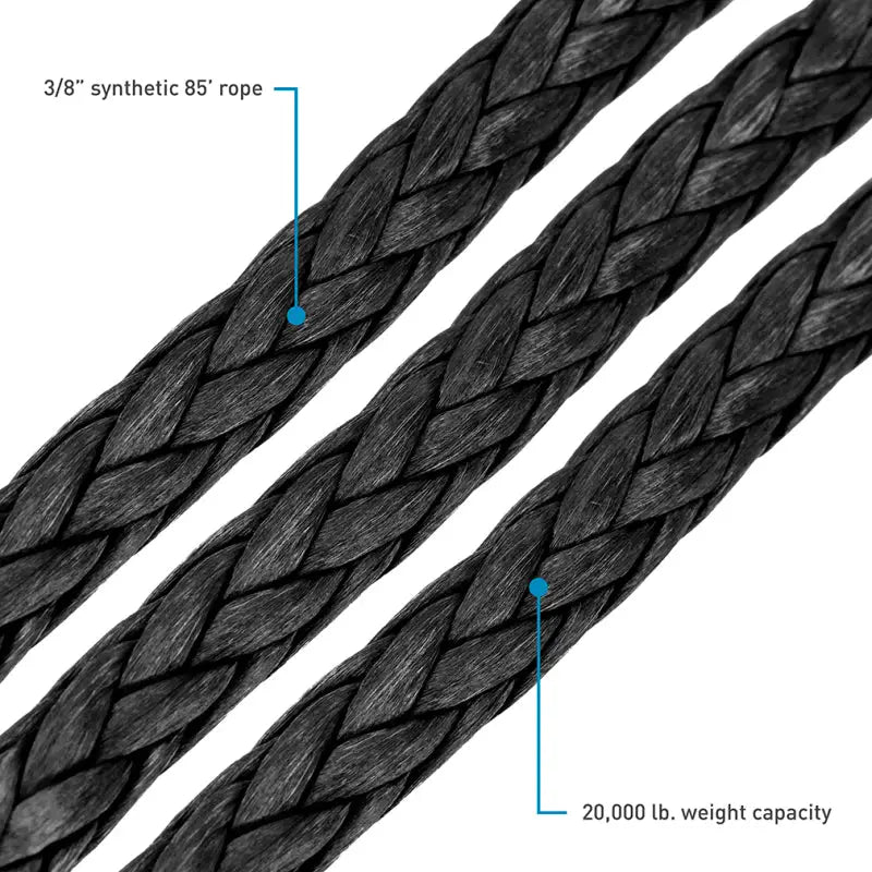 Braided black synthetic rope for Borne Off-Road 12K Winch, durable black synthetic material