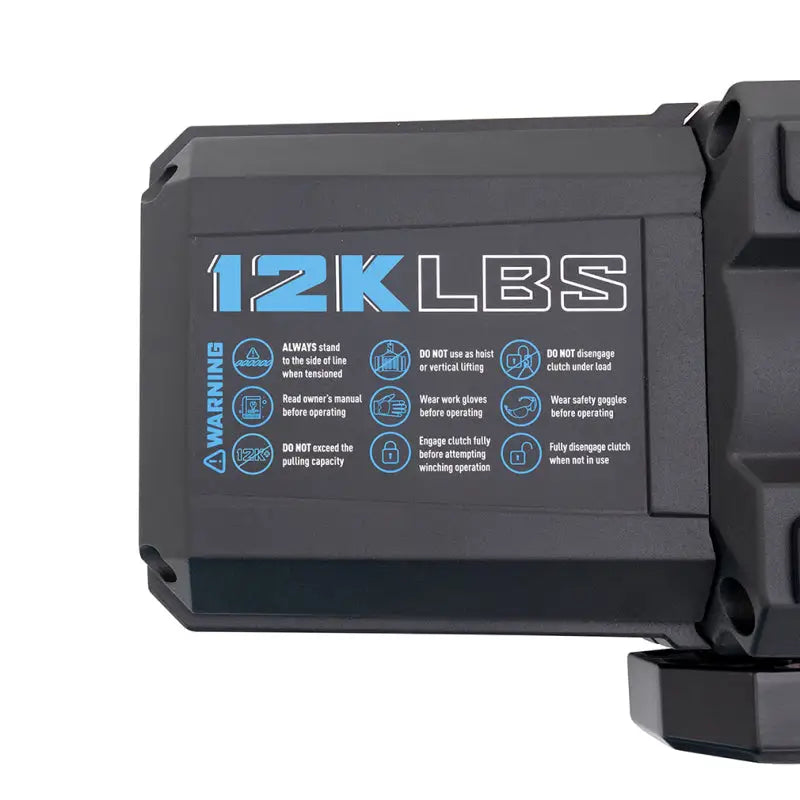 Black winch with safety warnings and black synthetic rope on Borne Off-Road 12K Winch